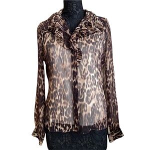 Elie Tahari Ronisha Chocolate Brown Silk Animal Print Sheer chiffon Blouse Med